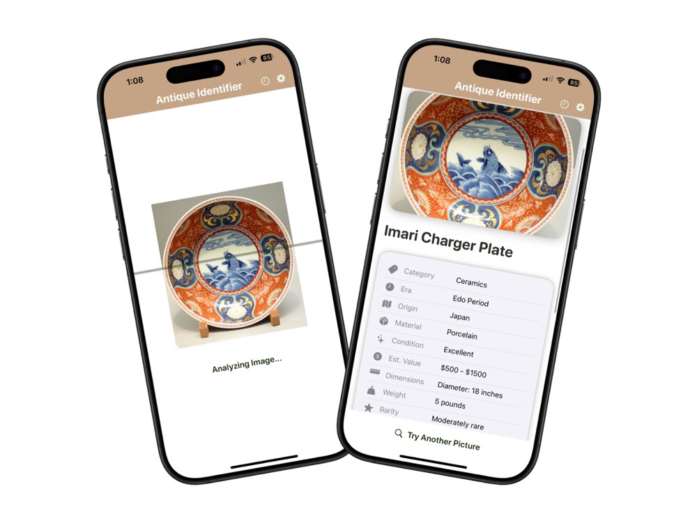 antique identifier app interface showing antique identification