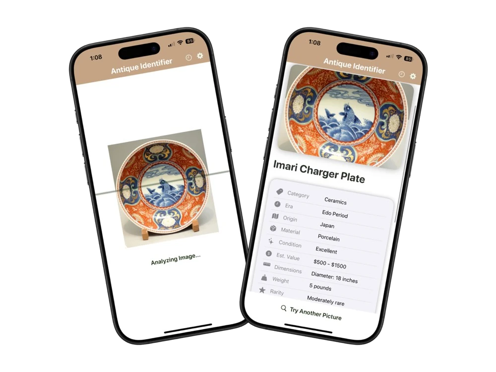 antique identifier app interface showing antique identification